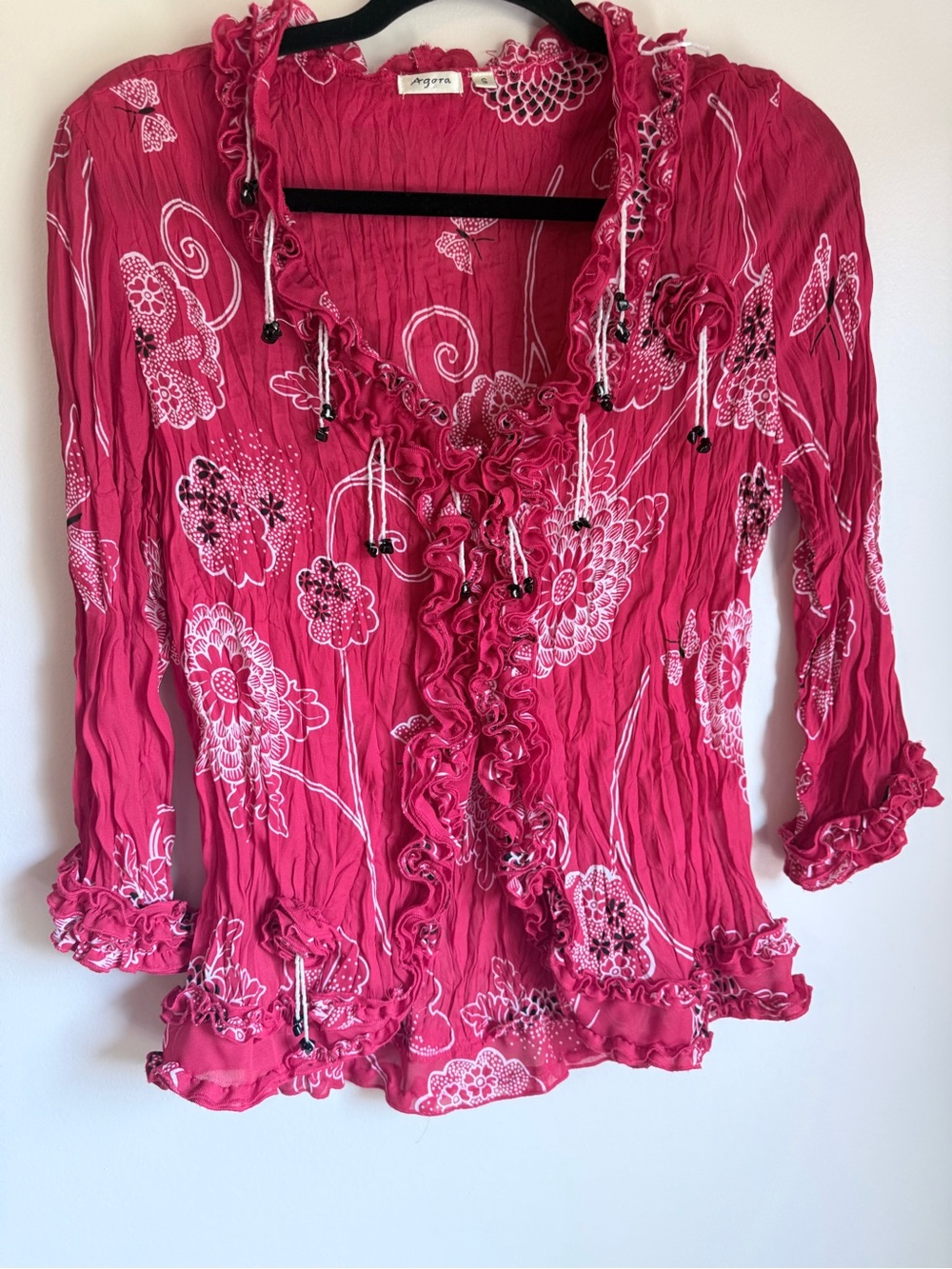Agora Y2K Pink Floral Ruffle Blouse